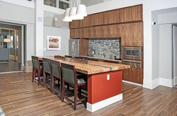 Resident lounge with kitchen, dining space and fireplace